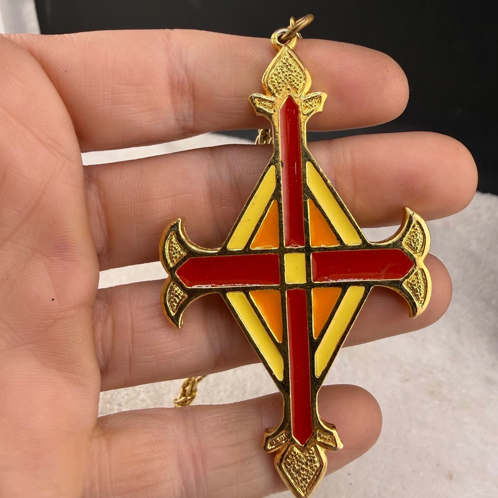 Vintage Art Cross Necklace Maltese Gold Red Yellow Enamel Gothic Pendant 23"